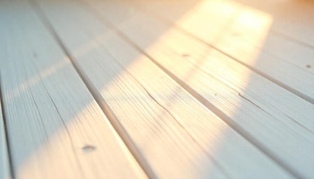 White wooden planks with sunlight creating abstract pattern, textureの写真素材
