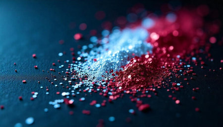 Abstract scatter of blue white and red glitter particlesの写真素材