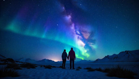 Couple viewing aurora borealis landscape under night skyの写真素材