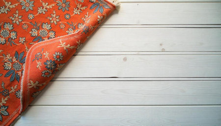 Floral patterned rug partially covering a white wooden surfaceの写真素材