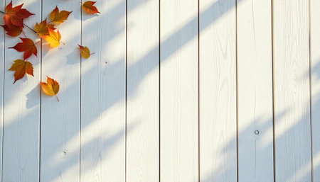 Autumn leaves on white wooden fence with sunlight shadowsの写真素材