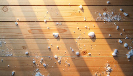 Sunlit wooden planks sprinkled with white particles, top viewの写真素材