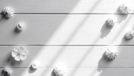 White flowers on painted wood with natural light shadowsの写真素材