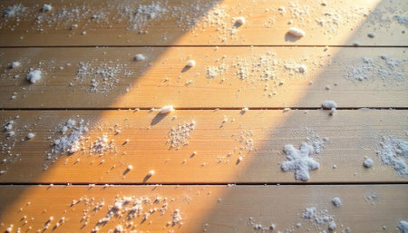 Snowflakes and snow powder on wooden panels with sunlightの写真素材