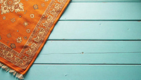 Orange oriental rug on blue wooden plank backgroundの写真素材