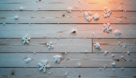 Snowflakes lying on wooden planks surface in winter timeの写真素材