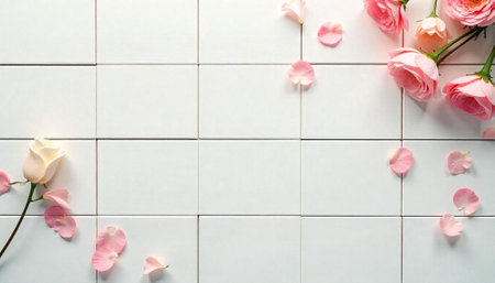 White background decorated with pink roses and rose petalsの写真素材