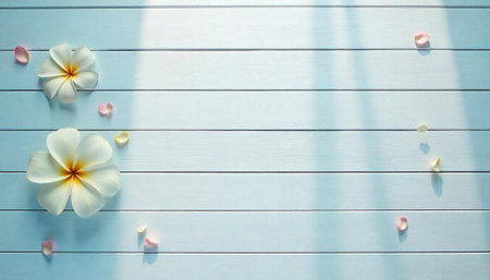 Floral Arrangement on Light Blue Wooden Planks with Shadowの写真素材