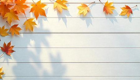 Autumn maple leaves arranged on a white wooden surfaceの写真素材