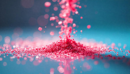 Falling pink particles on reflective surface against blue backgroundの写真素材