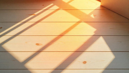 Sunlight casting shadows on a light wooden floor surfaceの写真素材