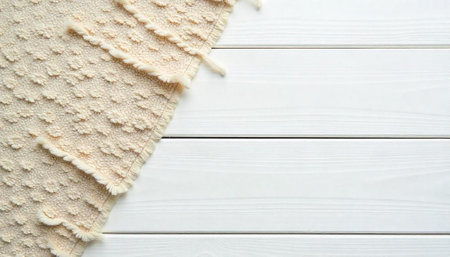 Elegant cream blanket against a textured white wooden backgroundの写真素材