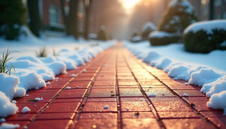 Snow covered path and walkway in a winter landscapeの写真素材