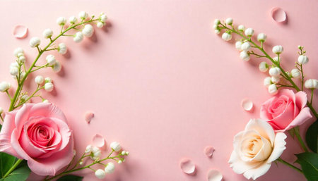 Elegant roses and white flowers on pastel pink backgroundの写真素材