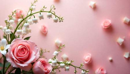 Floral arrangement of roses and lily of the valley on pinkの写真素材