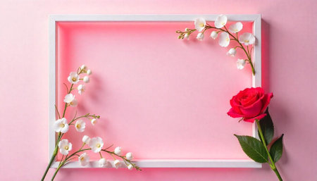 Floral frame on pink background with rose and blossomsの写真素材