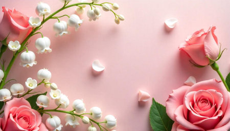 Pink roses and lily of the valley on pastel backdropの写真素材