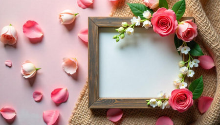 Floral frame with pink roses and petals on backgroundの写真素材