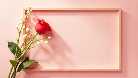 Red rose with lily of the valley on pink backdropの写真素材