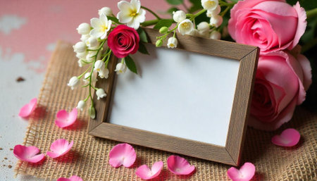Floral arrangement with roses and lilies framing a blank frameの写真素材