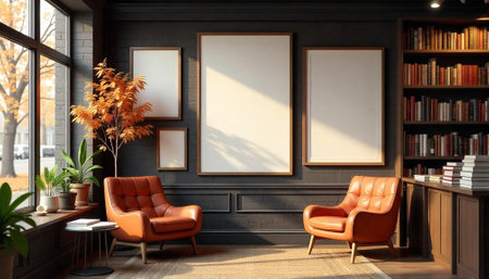 Cozy reading nook with blank frames in autumn colorsの写真素材