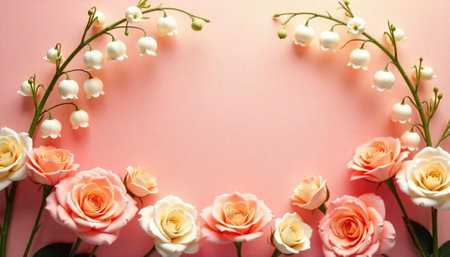 Floral arrangement of roses and lily of the valley on pinkの写真素材