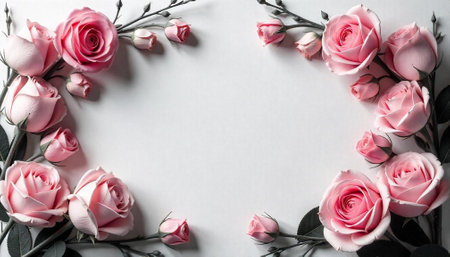 Pale pink roses frame blank white space for text overlayの写真素材