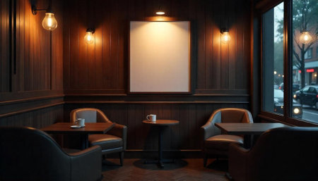 Cozy cafe interior with blank art canvas and seatingの写真素材