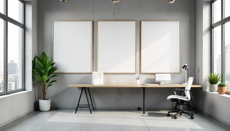Modern minimalist office space interior mockup with plant and framesの写真素材