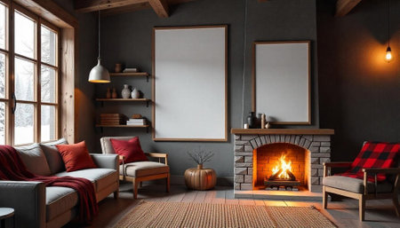 Cozy living room with fireplace and rustic interior decorの写真素材
