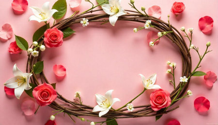Floral wreath with roses lilies on pastel pink backgroundの写真素材