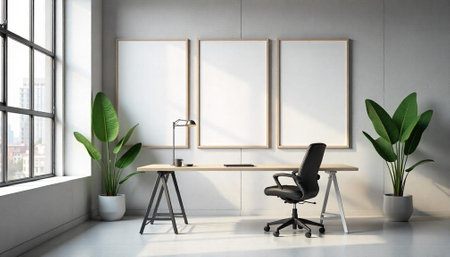 Modern office setup with artwork mockups and stylish deskの写真素材