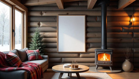 Cozy cabin interior with fireplace and blank framed canvasの写真素材