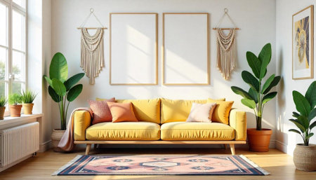 Bright and Bohemian: A living room interior with yellow sofaの写真素材