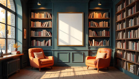 Elegant library interior featuring armchairs, bookshelves, and blank canvasの写真素材