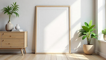 Minimalist interior frame mockup with wooden floor and plantsの写真素材