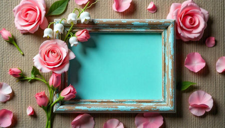 Floral frame with pink roses and light-blue backdrop spaceの写真素材