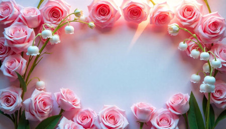 Pink roses and lily of the valley frame soft backgroundの写真素材
