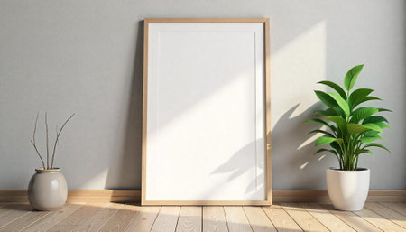 Empty frame mockup with plant decor and sunlight shadow