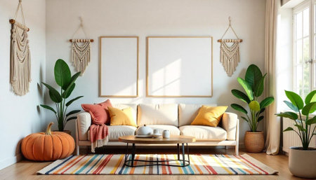 Cozy living room with bohemian accents and modern furniture
