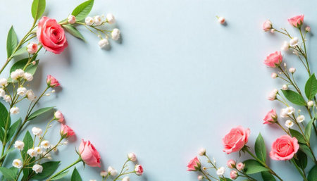 Pink roses and white flowers on a light blue backdropの写真素材