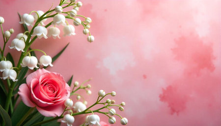 Pink rose and lily of the valley floral arrangementの写真素材