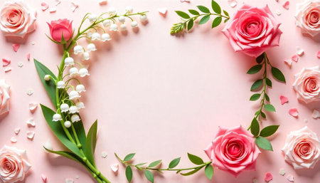 Pink Roses and Lily of the Valley Floral Frameの写真素材