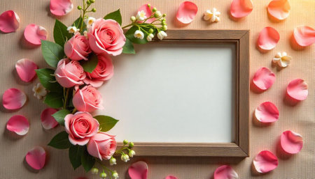 Pink roses with frame and petals romantic background imageの写真素材