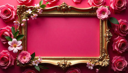 Ornate gold frame adorned with pink roses and blossomsの写真素材