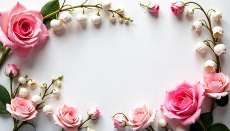 Pink roses and lily of the valley floral frameの写真素材