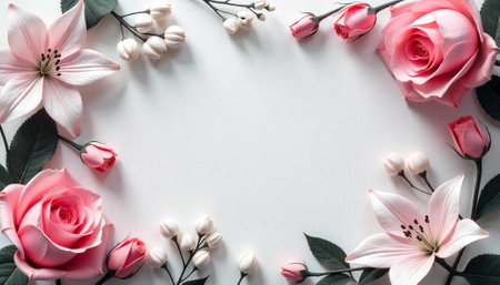 Elegant floral frame of pink roses and liliesの写真素材