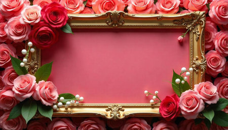 Elegant Gold Frame Surrounded by Pink and Red Rosesの写真素材