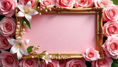 Pink roses and lilies frame elegant gold ornate spaceの写真素材
