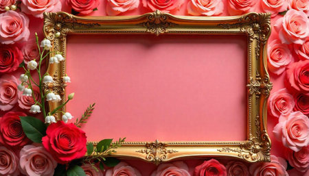 Floral frame with pink roses and space for textの写真素材